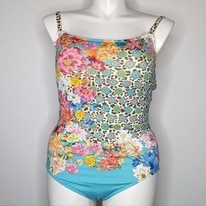 Johnny Was Colorfully Floral Leopard Cheetah Mixed Print One Piece Swimsuit 3X